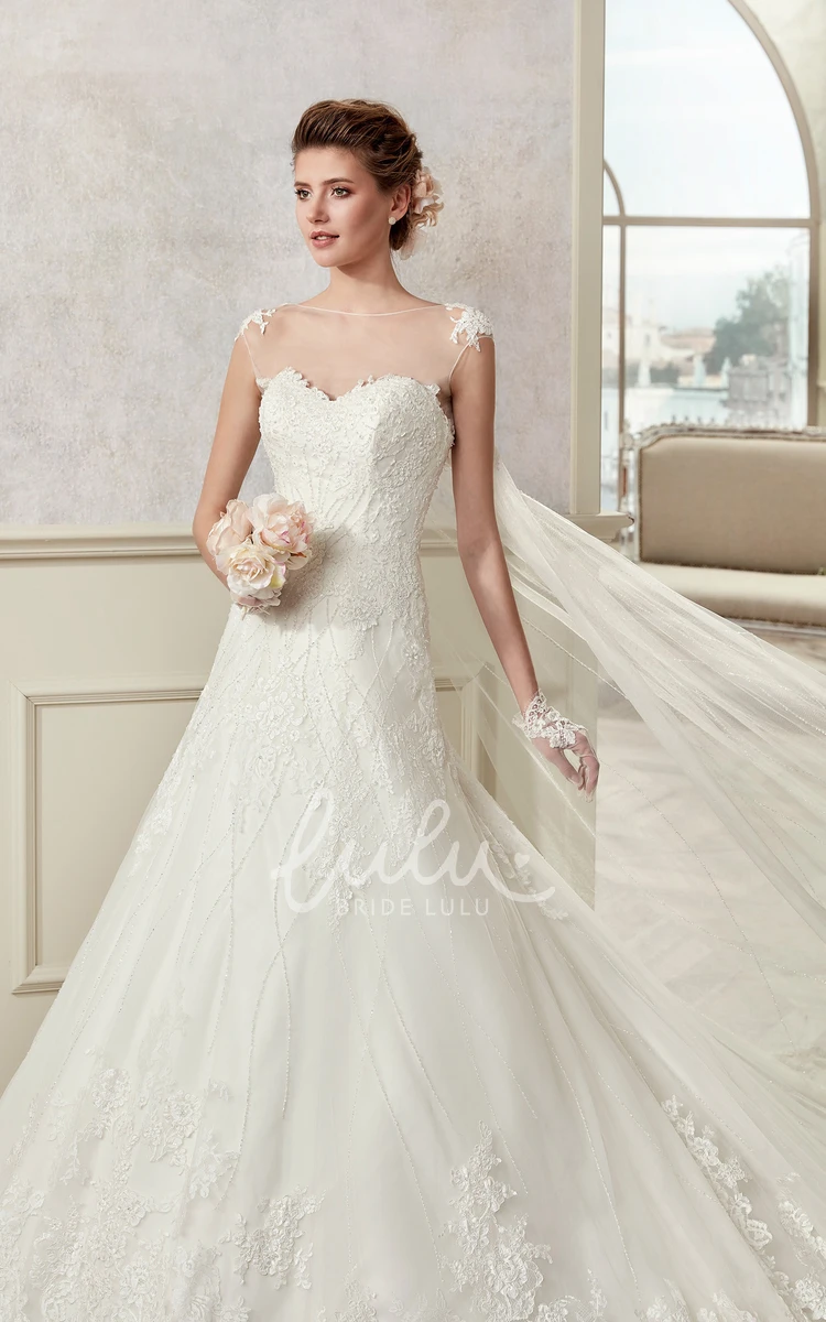 Lace A-Line Wedding Dress with Jewel Neckline and Cap Train Elegant Bridal Gown