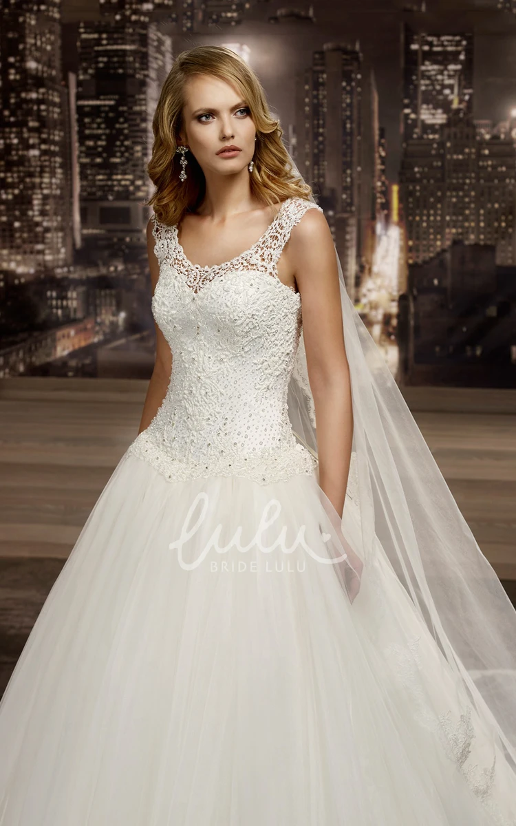 Cap Sleeve A-Line Wedding Dress with Beaded Bodice and Illusive Neckline