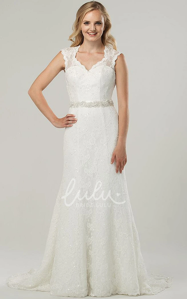 Beaded V-Neck Lace Wedding Dress with Bow and Sweep Train Elegant Bridal Gown