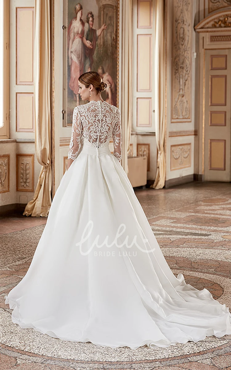 Organza V-Neck Ball Gown Wedding Dress with Illusion Sleeves