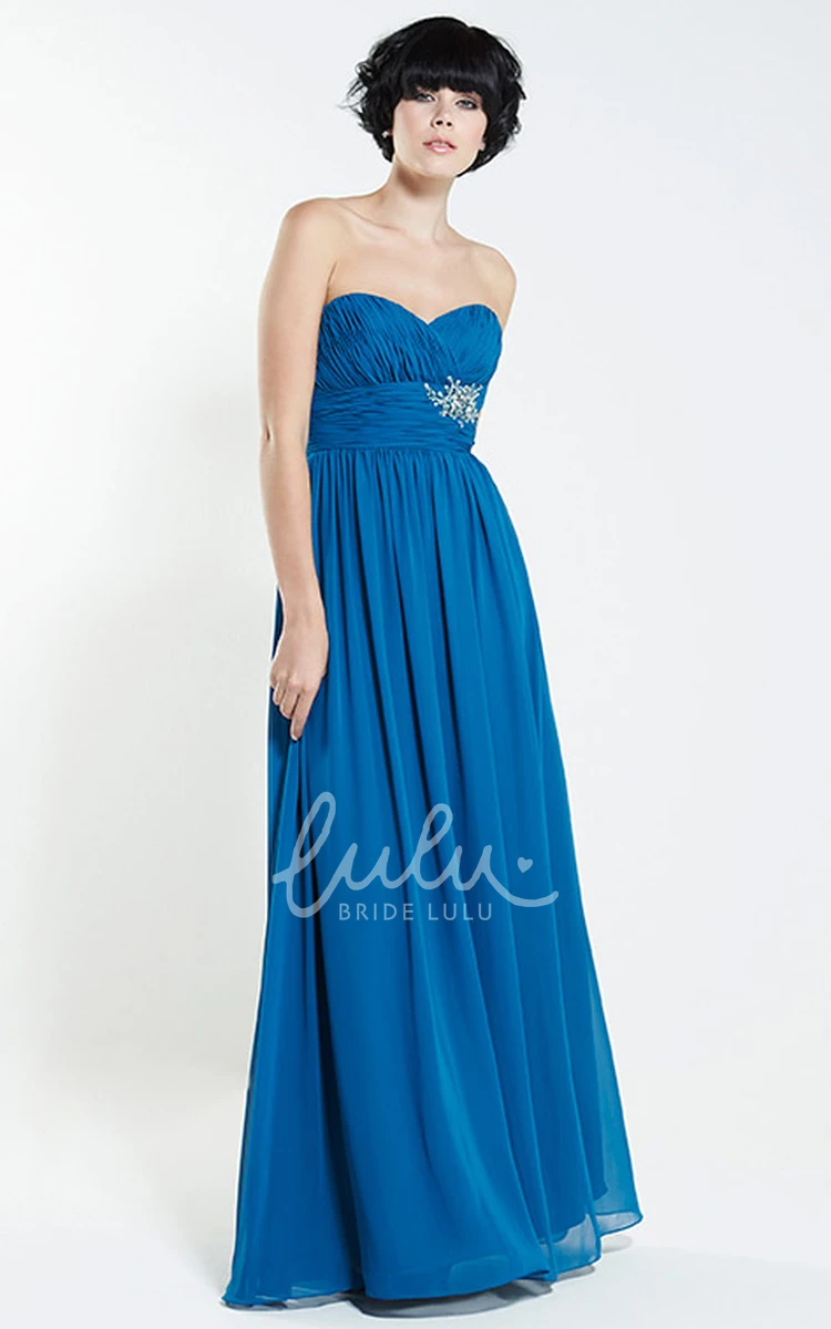 Sweetheart Chiffon Bridesmaid Dress with Ruched Bodice and Broach Floor-Length