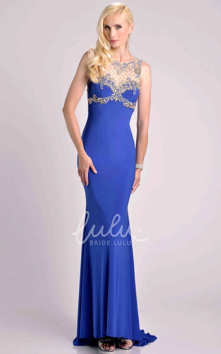 Sleeveless Sheath Jersey Prom Dress with Beaded Top and Bateau Neck Modern Formal Dress