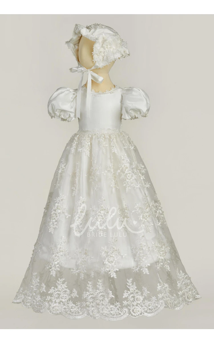 Lace Applique Puff Sleeve Christening Dress Elegant Baptism Gown