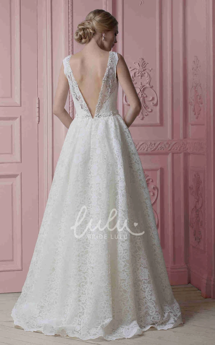 A-Line Lace Wedding Dress with Beading Long Sleeveless Beaded