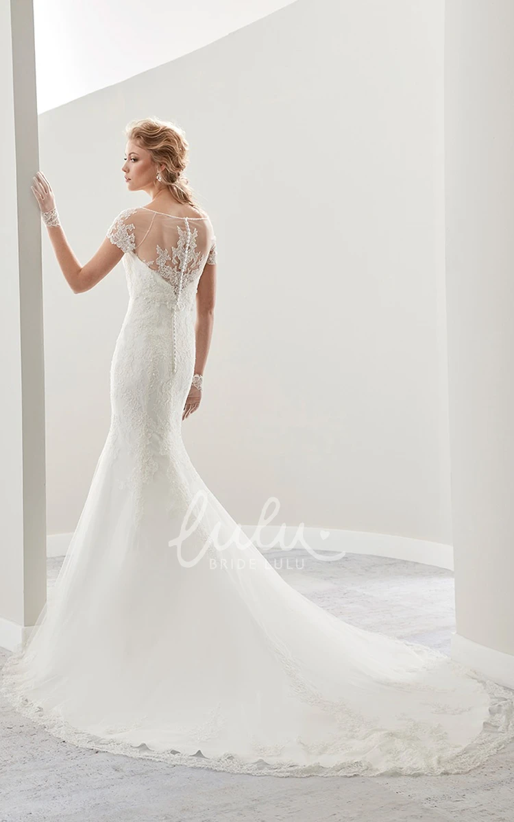 Jewel-Neck Illusion Sheath Wedding Dress with Court Train