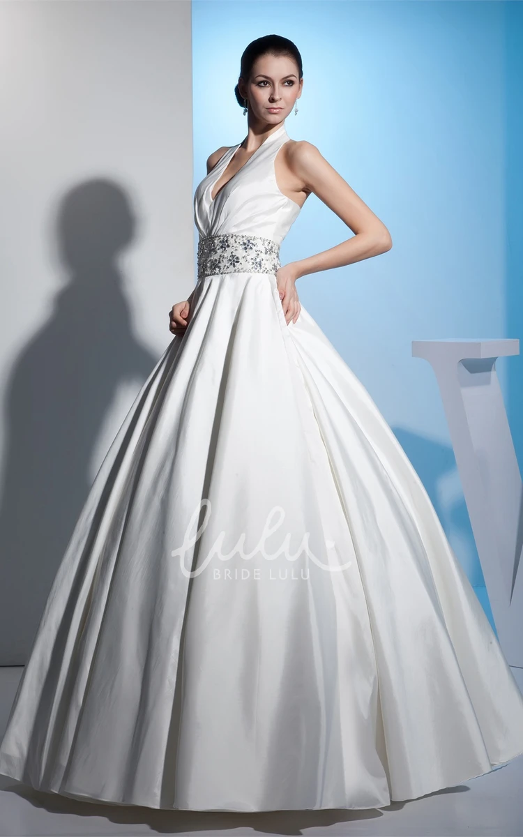 Sleeveless Satin Ball Gown Wedding Dress with Beaded Waist for Brides
