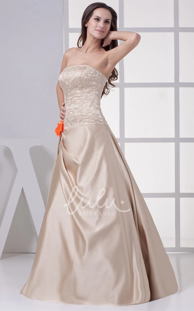 Strapless A-Line Satin Evening Gown with Beading Formal Dress