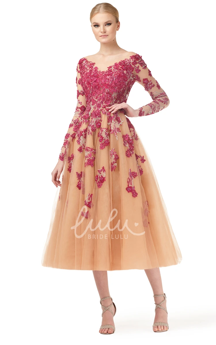 Romantic V-neck Tulle Evening Dress with Appliques Elegant Tulle Evening Dress with V-neck and Appliques