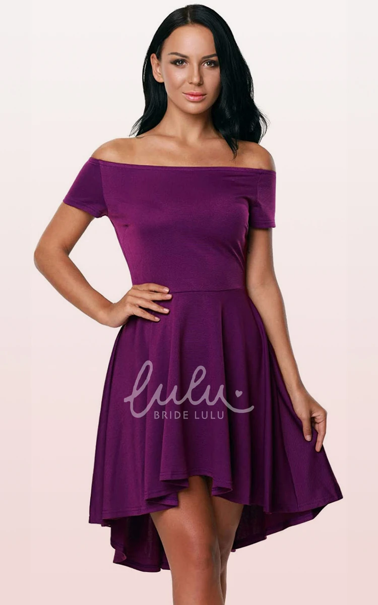 Off-the-Shoulder Jersey Pleated Bridesmaid Dress with Short Sleeves