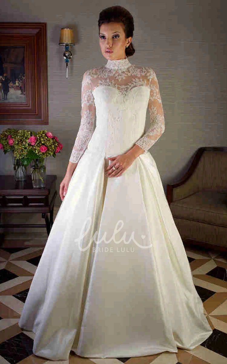 Lace Long-Sleeve Satin Wedding Dress with High Neck