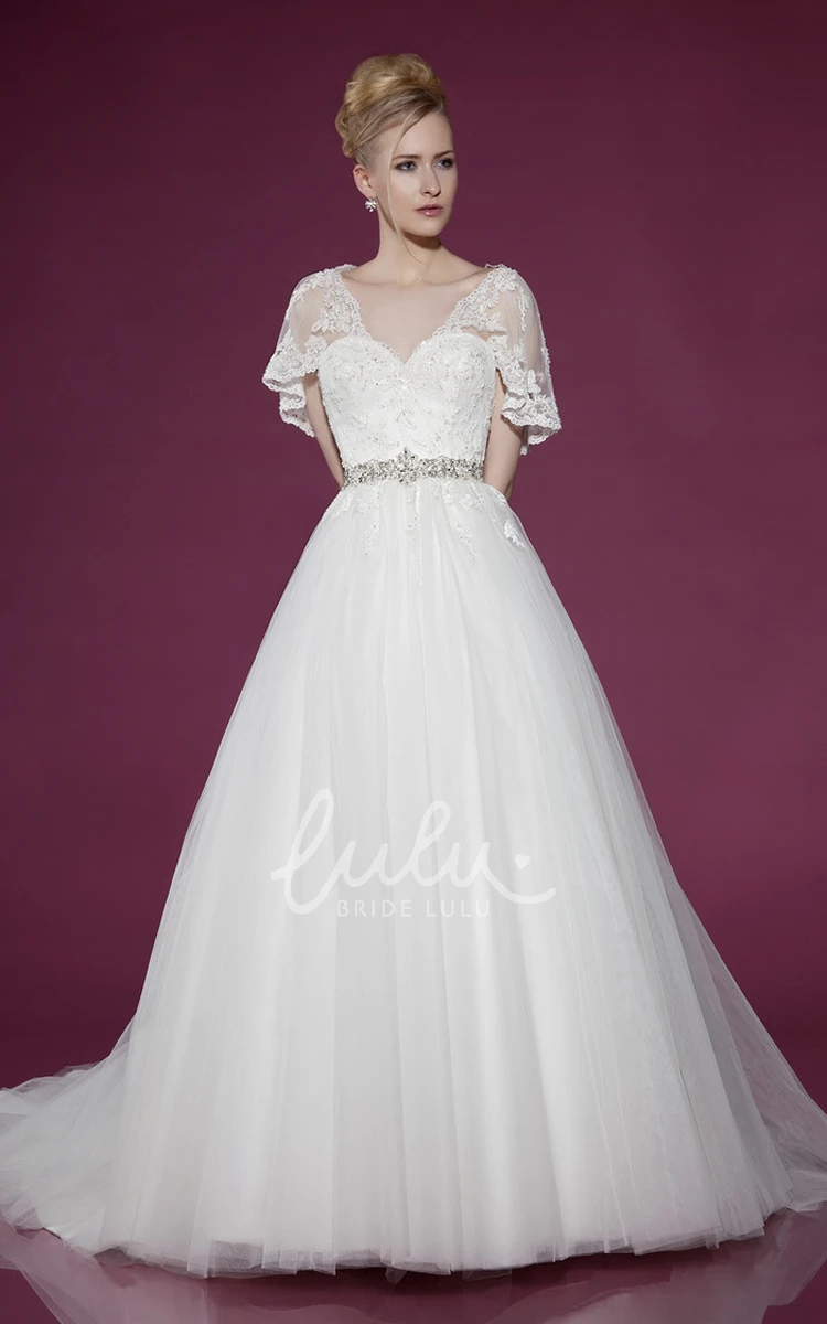 Tulle Sweetheart Wedding Dress with Petal-Sleeve and Chapel Train