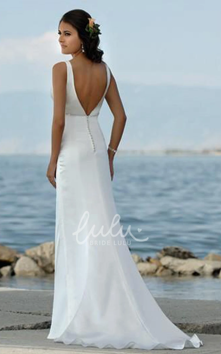 Beaded V-Neck Sheath Beach Wedding Dress with Sweep Train