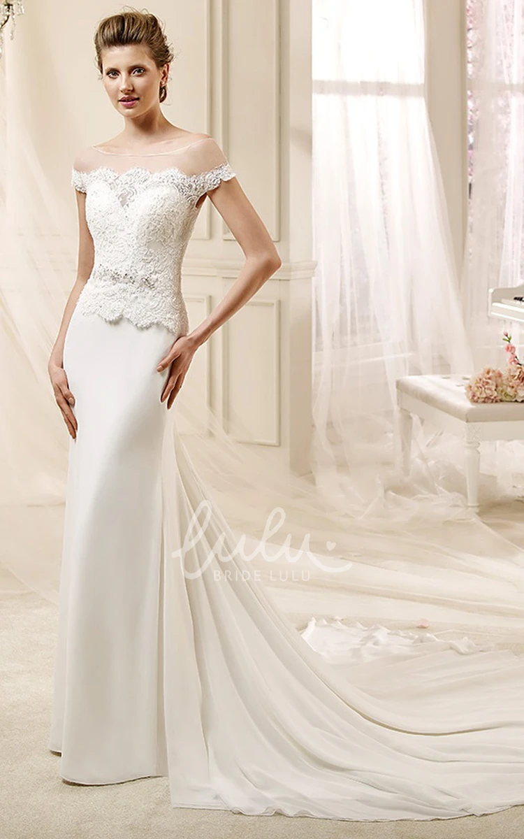 Beaded Lace Wedding Dress with Jewel Neckline and Satin Skirt Elegant Wedding Dress