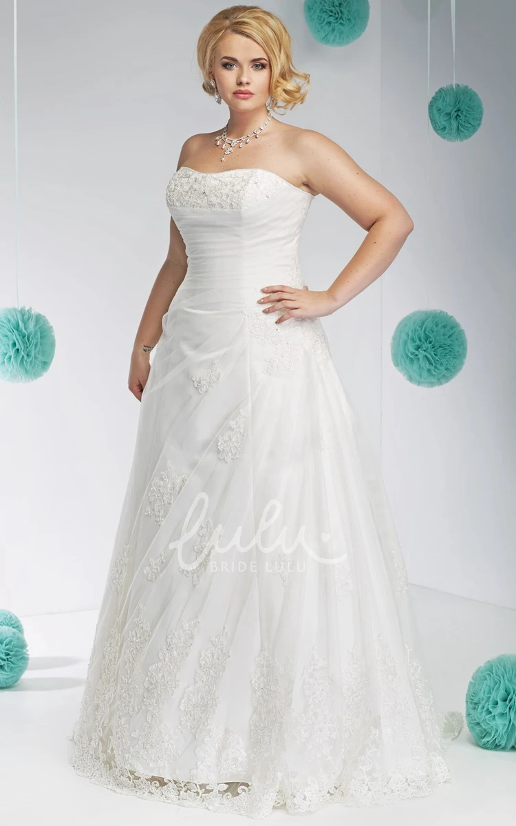 Strapless Lace Long Wedding Dress with Side Draping Plus Size