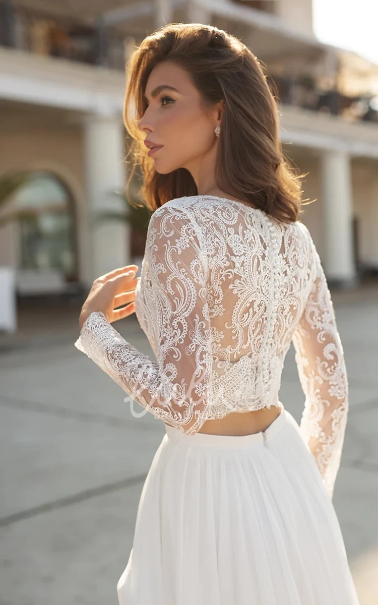 Sexy Two Piece Bridal Gown V-neck Chiffon with Beach Sweep Train Lace Long Sleeve Zipper