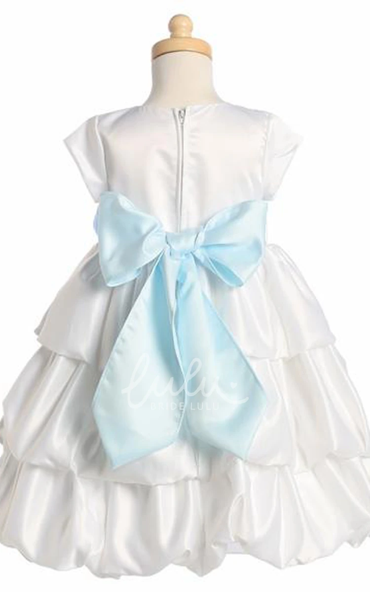 Cap-Sleeve Satin Flower Girl Dress with Tiered Skirt Tea-Length