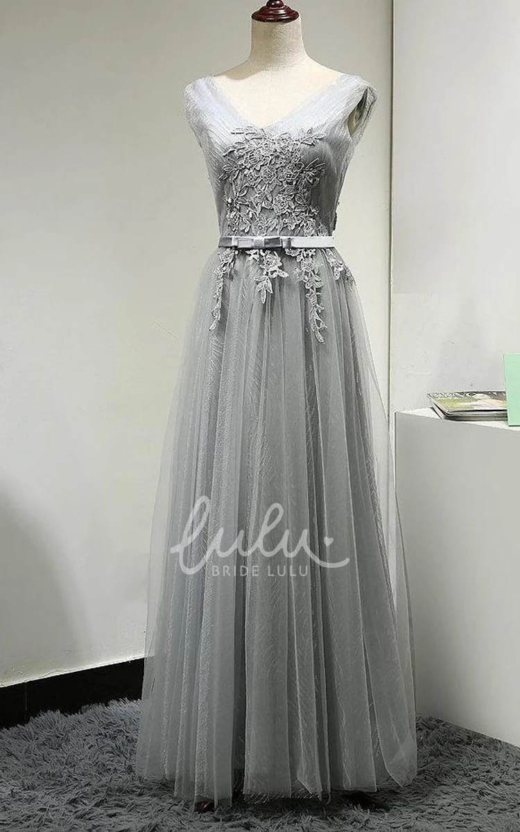 A-line Tulle Bridesmaid Dress with Cap Sleeves and Applique