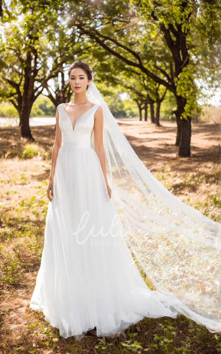 A-Line Straps V-neck Simple Wedding Dress Elegant Sleeveless with Bow Gown