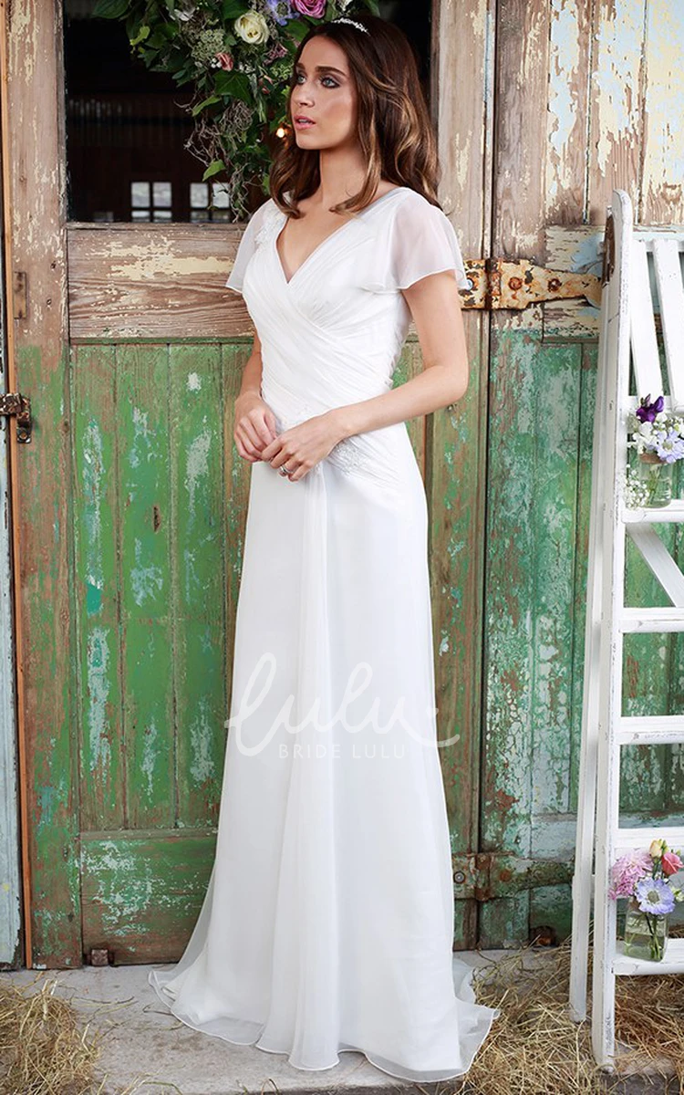 Criss Cross Chiffon Wedding Dress Sheath V-Neck Poet Sleeves