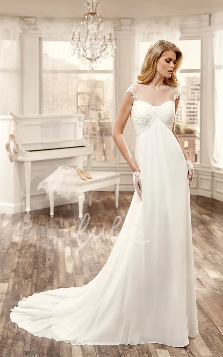 Chiffon Long Wedding Dress with Cap Sleeves and Pleated Bust Elegant