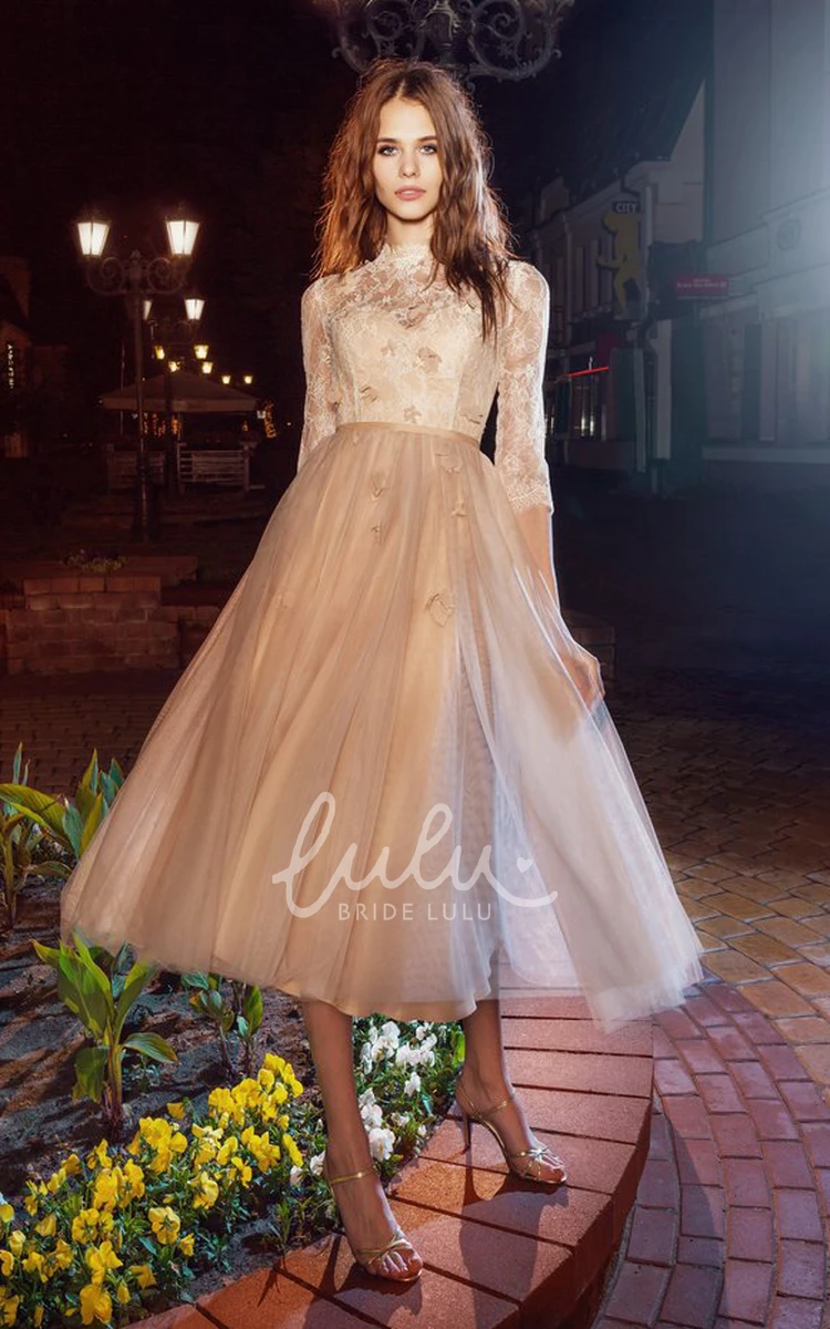Tea-Length Tulle Bridesmaid Dress with High Neck and Appliques