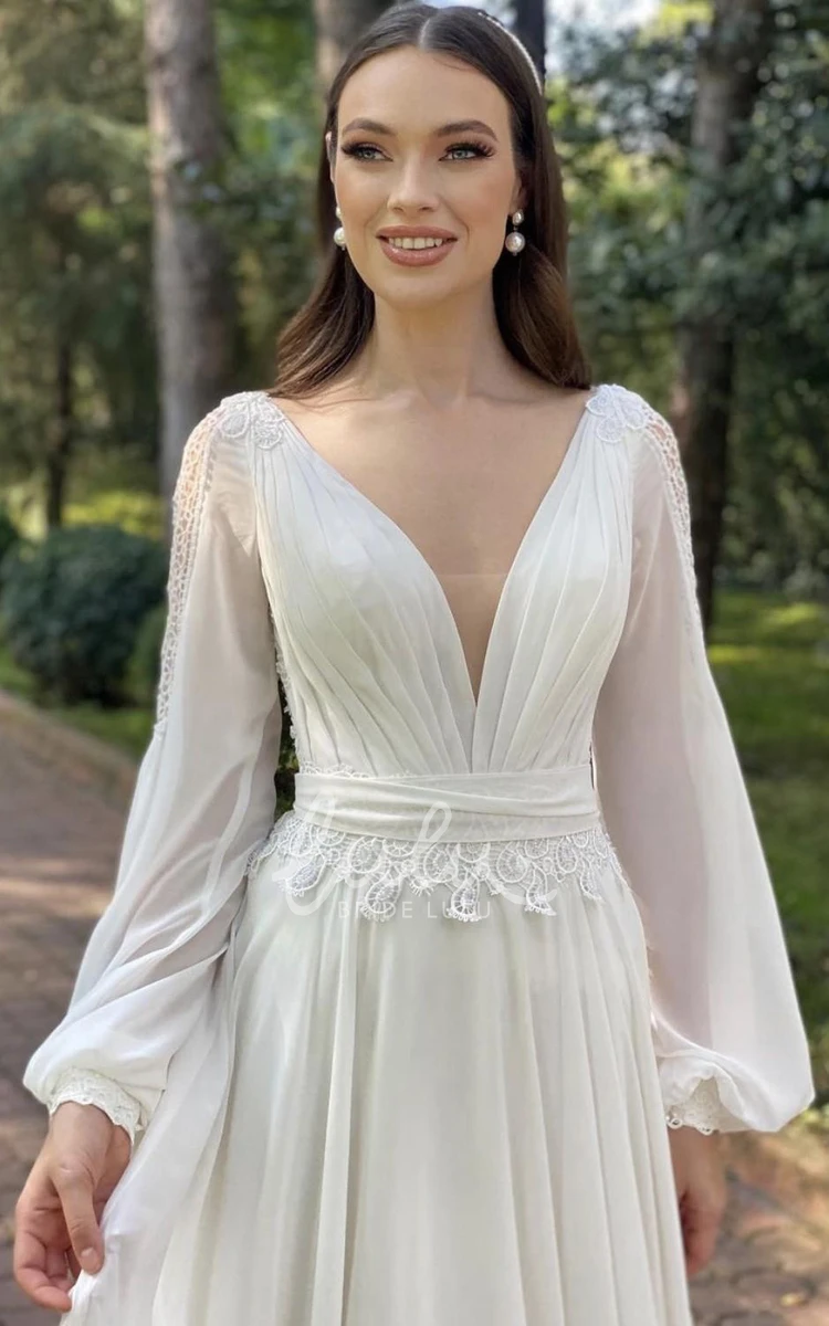Chiffon Open Back A-Line Wedding Dress with Ruching and Sash