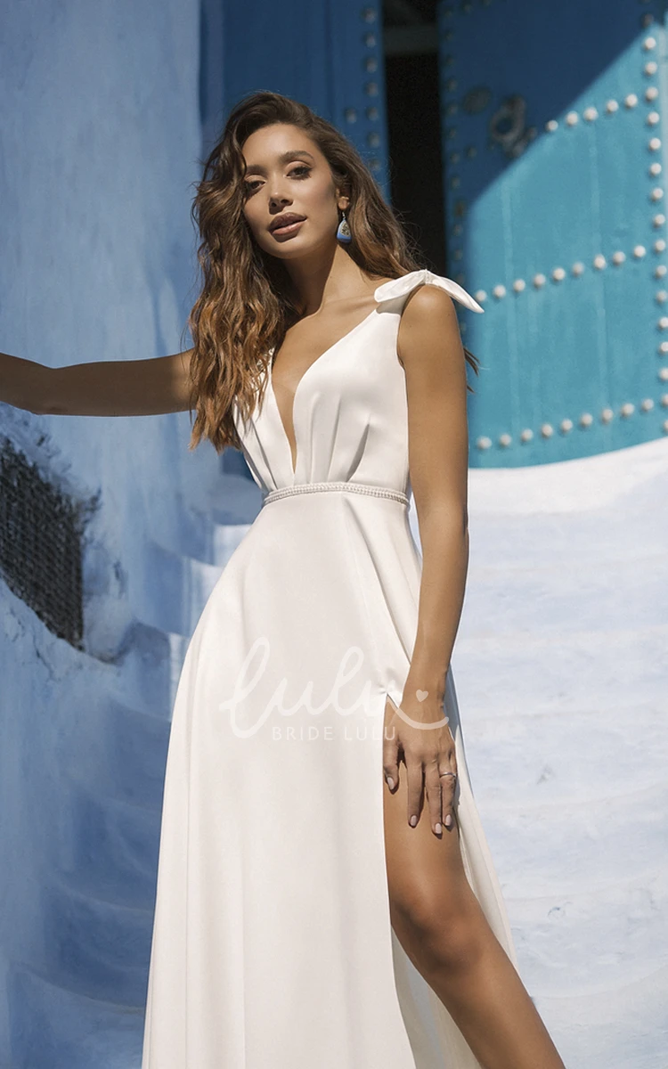 Sexy Sleeveless Plunging Wedding Dress with Front Split and Sash Details