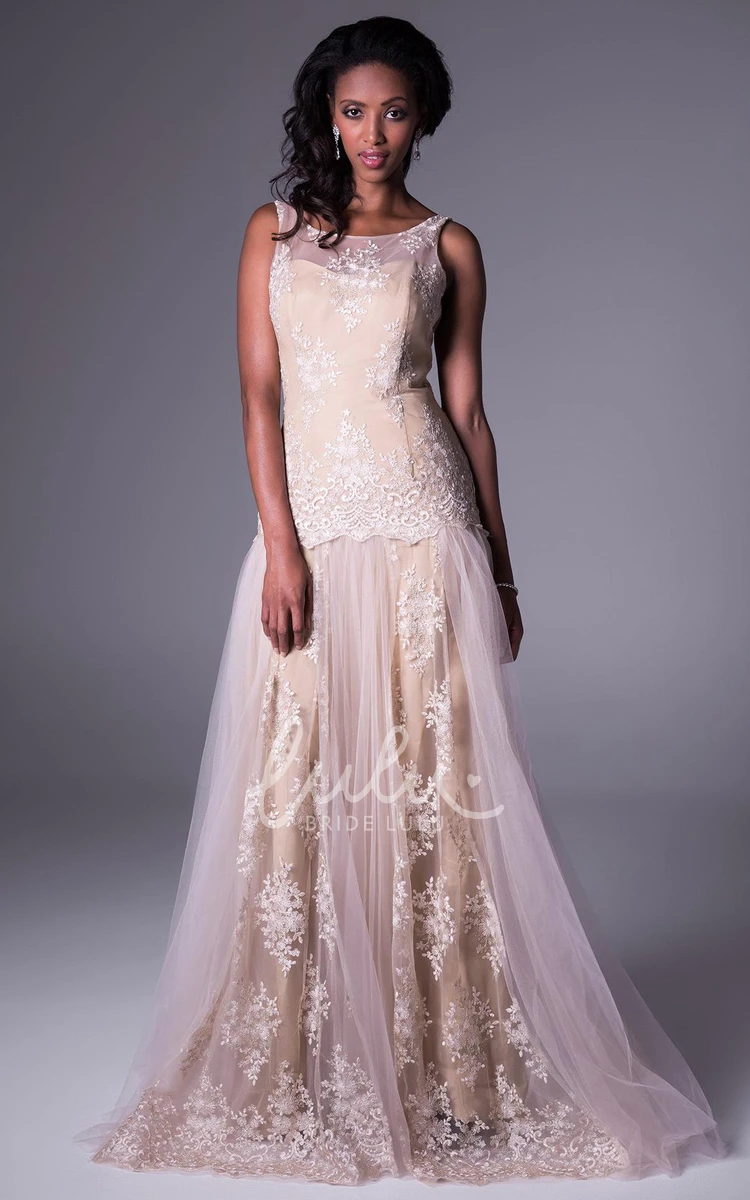 Long Appliqued Tulle&Lace A-Line Prom Dress Scoop-Neck Style