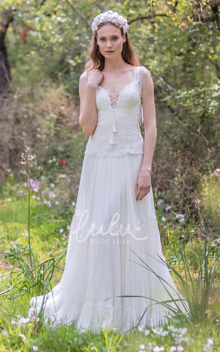 A-Line Wedding Dress with Plunging Neckline Pleats Appliques and Beading Unique Bridal Gown