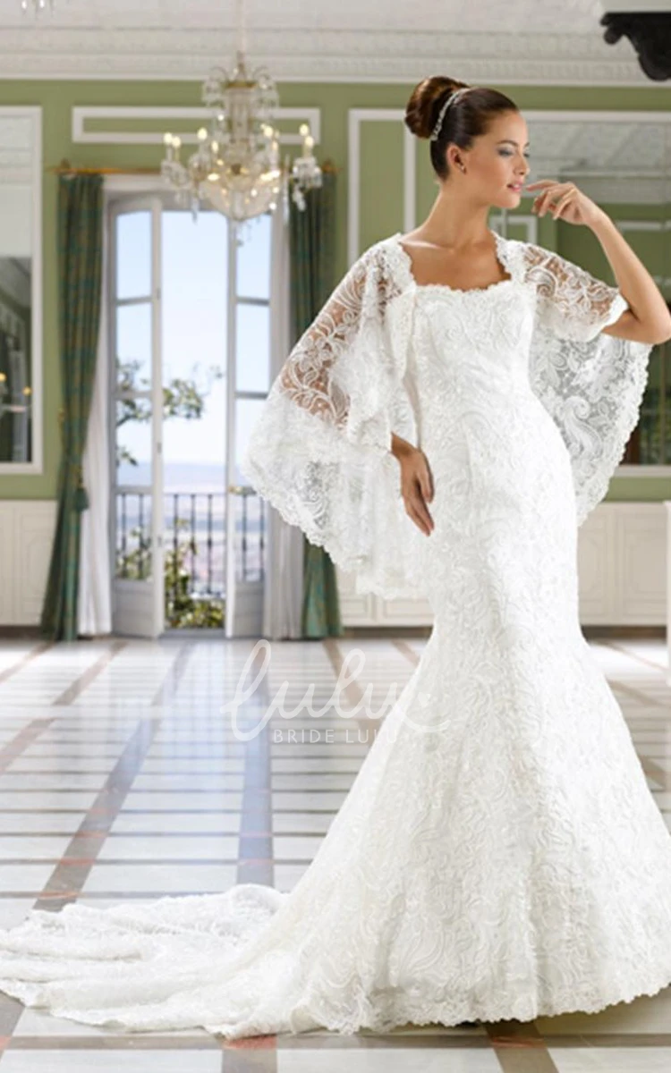 Sheath Lace Wedding Dress with Caped Sleeves and Low-V Back