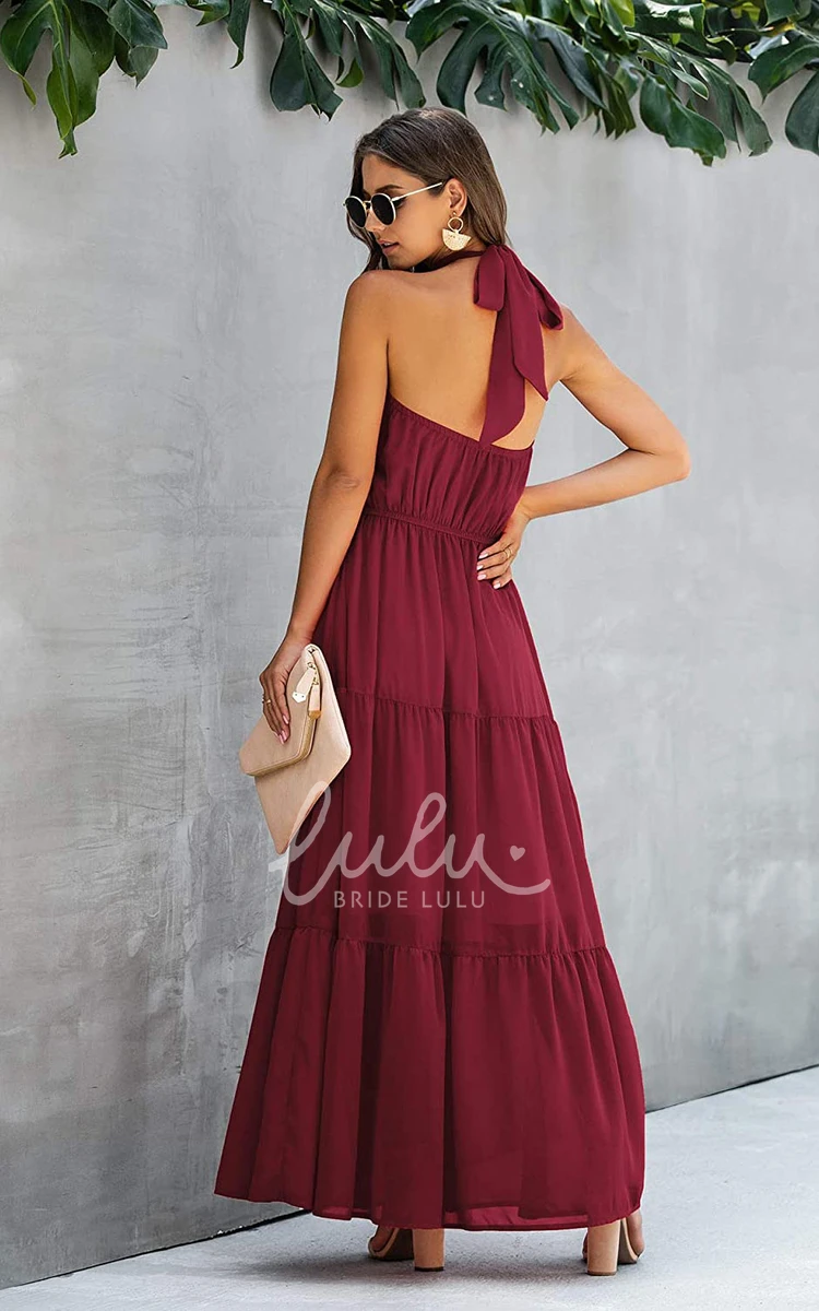 Chiffon A-Line Halter Sleeveless Evening Dress with Ruffles Casual Bridesmaid Dress