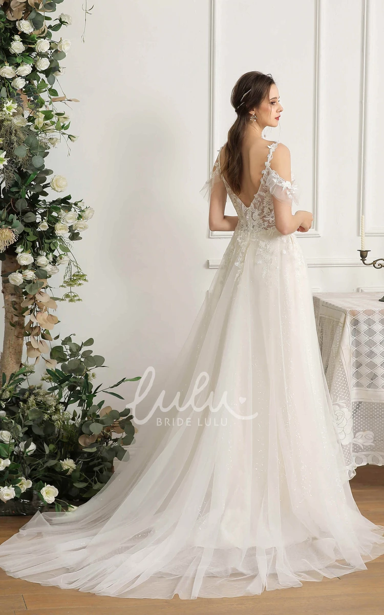 Boned Front Split Wedding Dress with Lace Appliques and Off-the-shoulder Sleeves