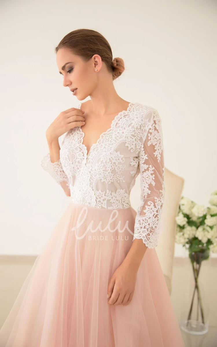 Pink Lace and Tulle Wedding Dress with Sleeves and Sash