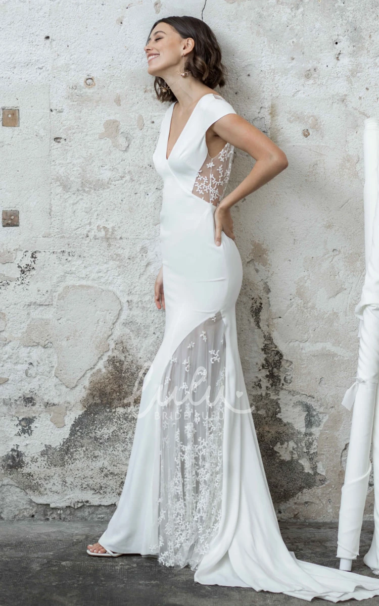 Country Wedding Dress Mermaid Satin with V-Neck Illusion Back and Appliques