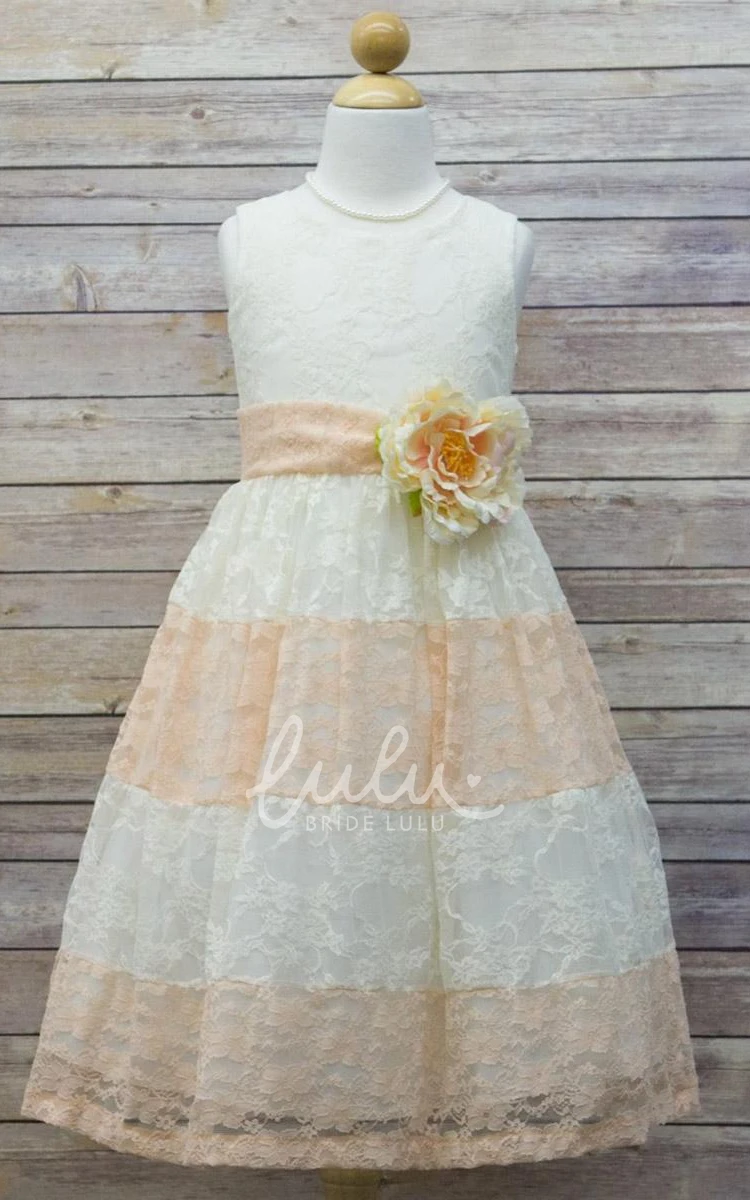 Tiered Lace Flower Girl Dress with Floral Print Tea-Length