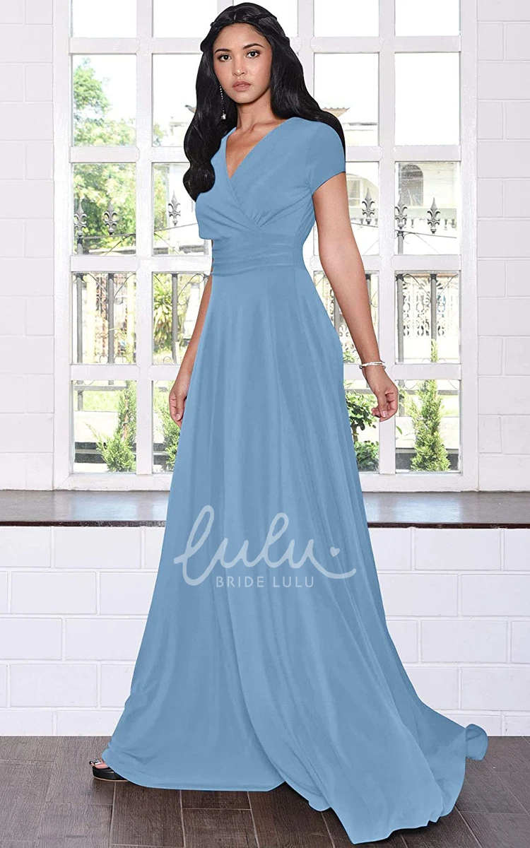 Simple Jersey V-neck A-line Evening Dress with Criss Cross and Pleats Prom Dress