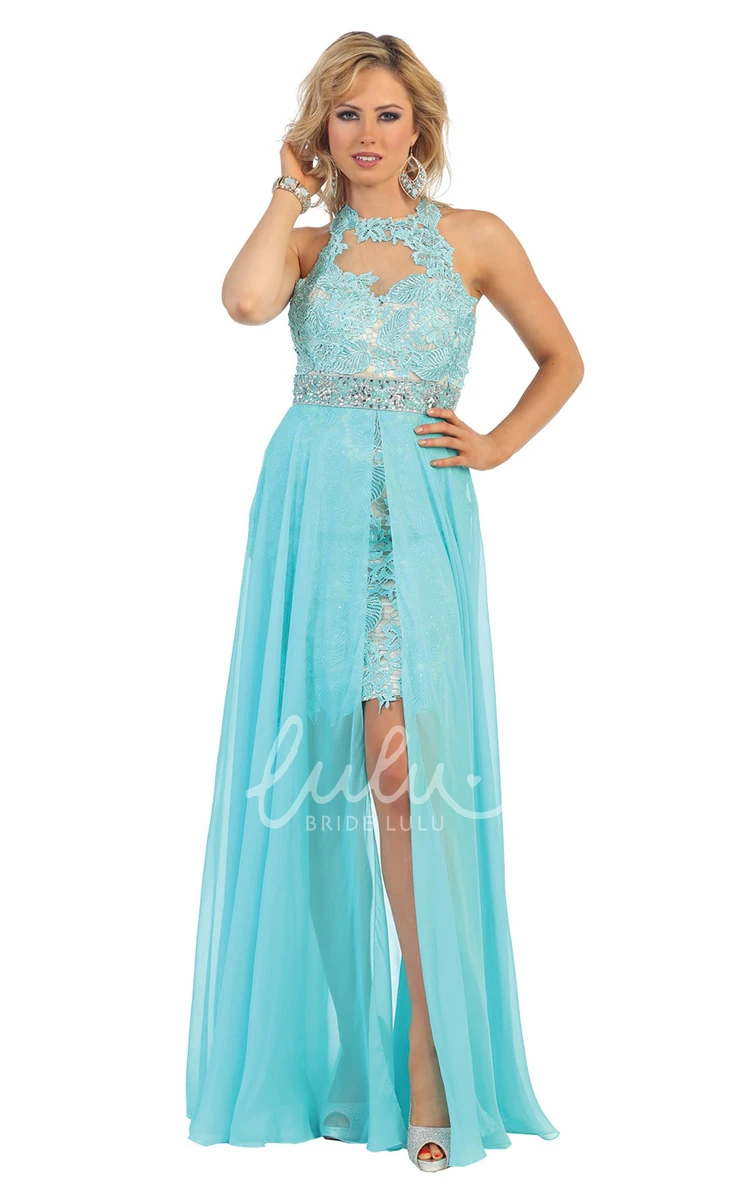 Chiffon Lace Illusion A-Line Formal Dress with Split Front and Waist Jewelry