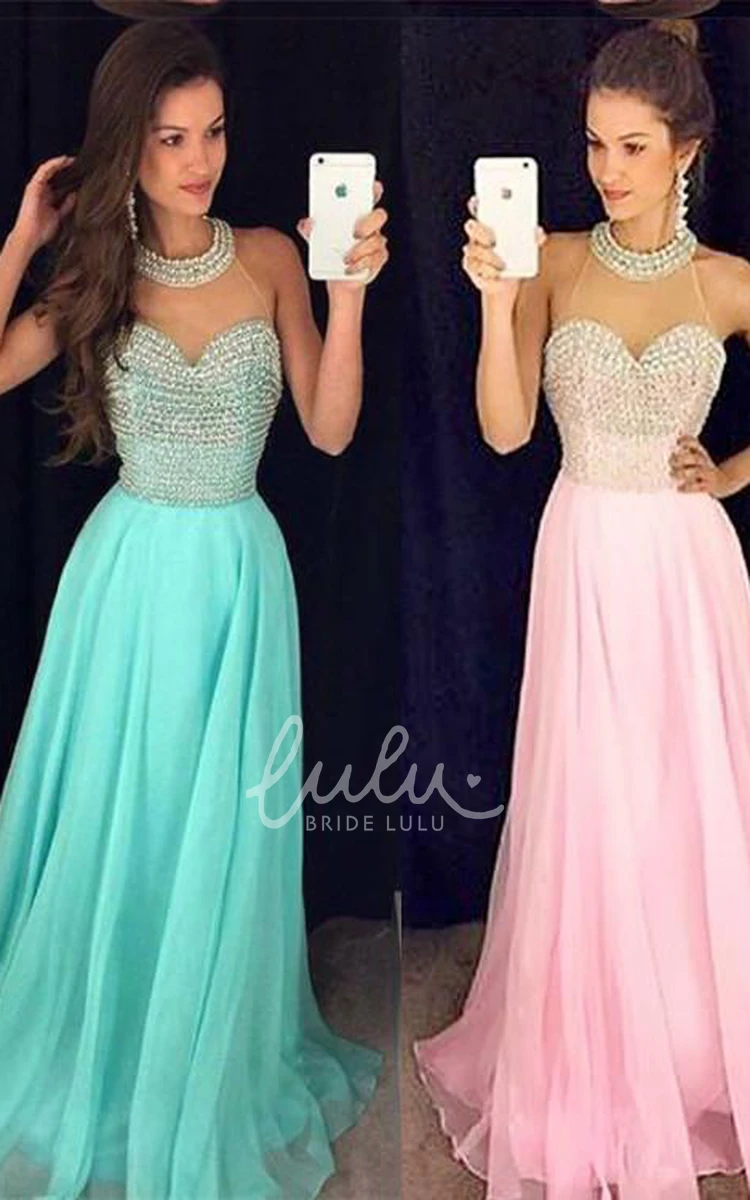 Elegant High-Neck Beaded Chiffon Prom Dress Sleeveless Women's Formal Gown