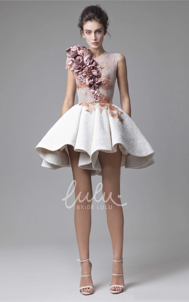 Sleeveless Two-Tone Short Skirt Prom Dress with Jewel-Neck and Delicate Flowers