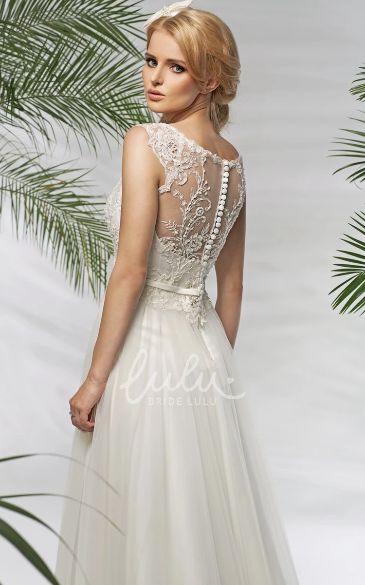 Tulle&Lace V-Neck Wedding Dress with Cap Sleeves and Bow Floor-Length