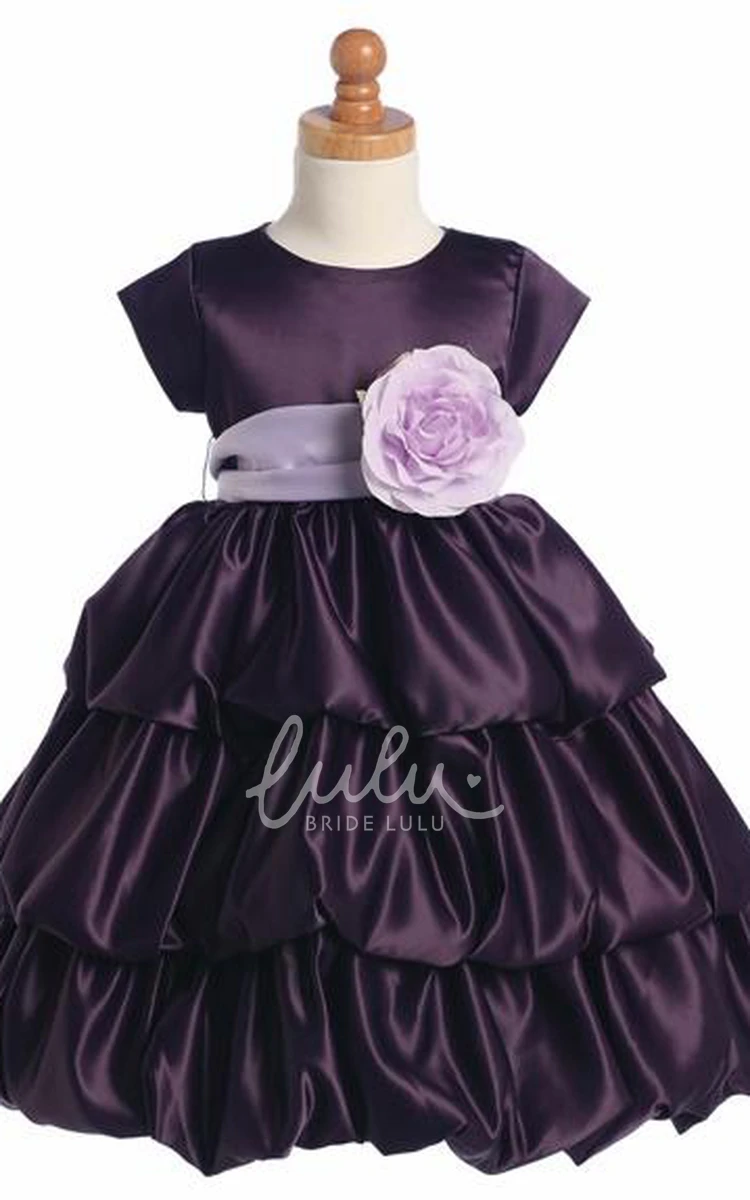 Satin Tiered Cap-Sleeve Flower Girl Dress Tea-Length