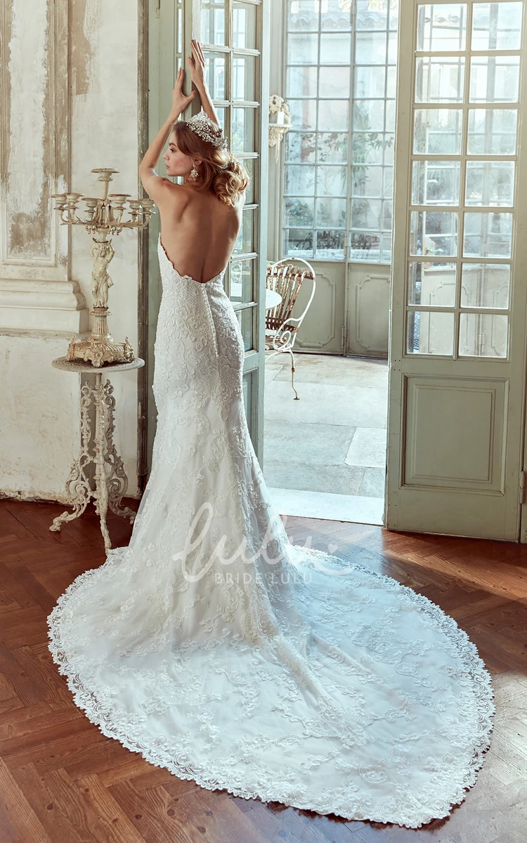 Lace Applique Sheath Wedding Dress with Court Train Romantic Bridal Gown