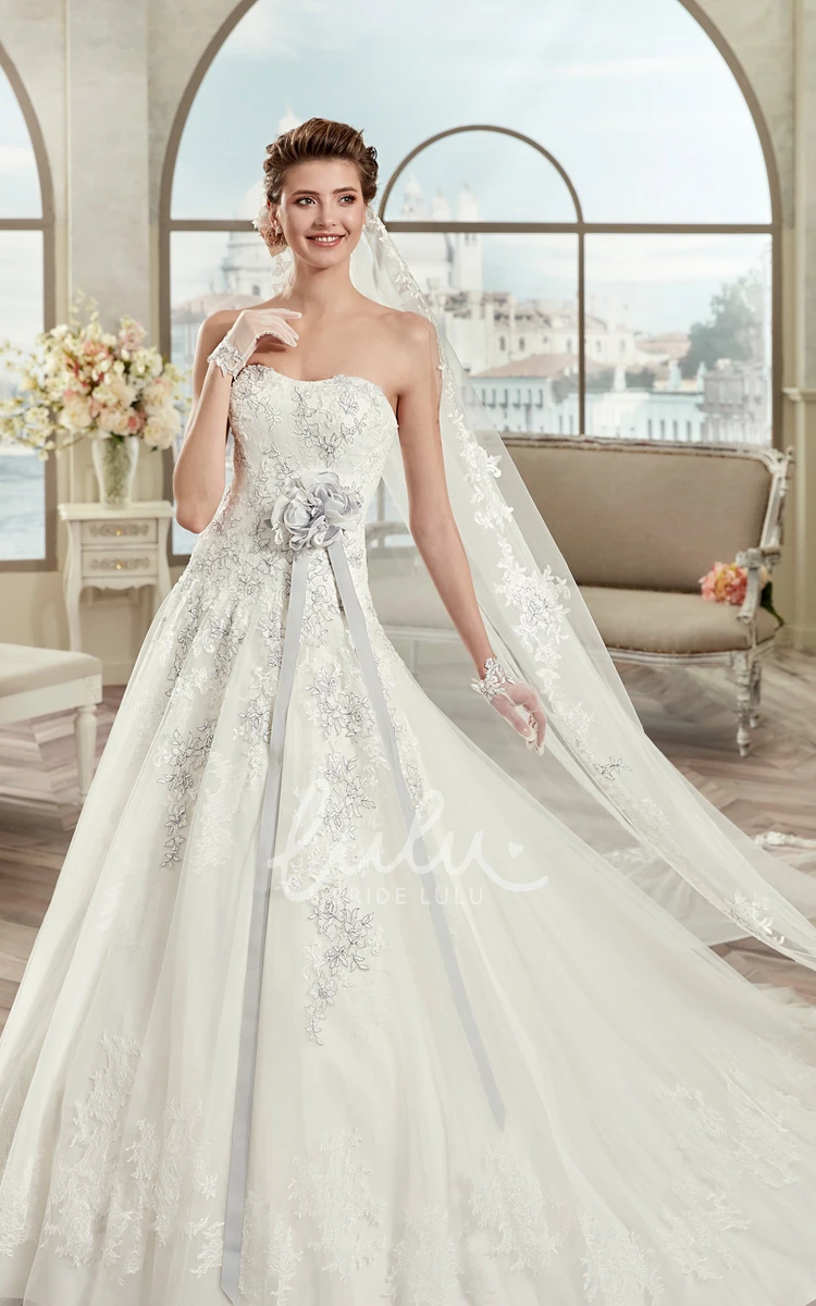 Floral Lace A-Line Wedding Dress with Strapless Open-Back and Fine Appliques