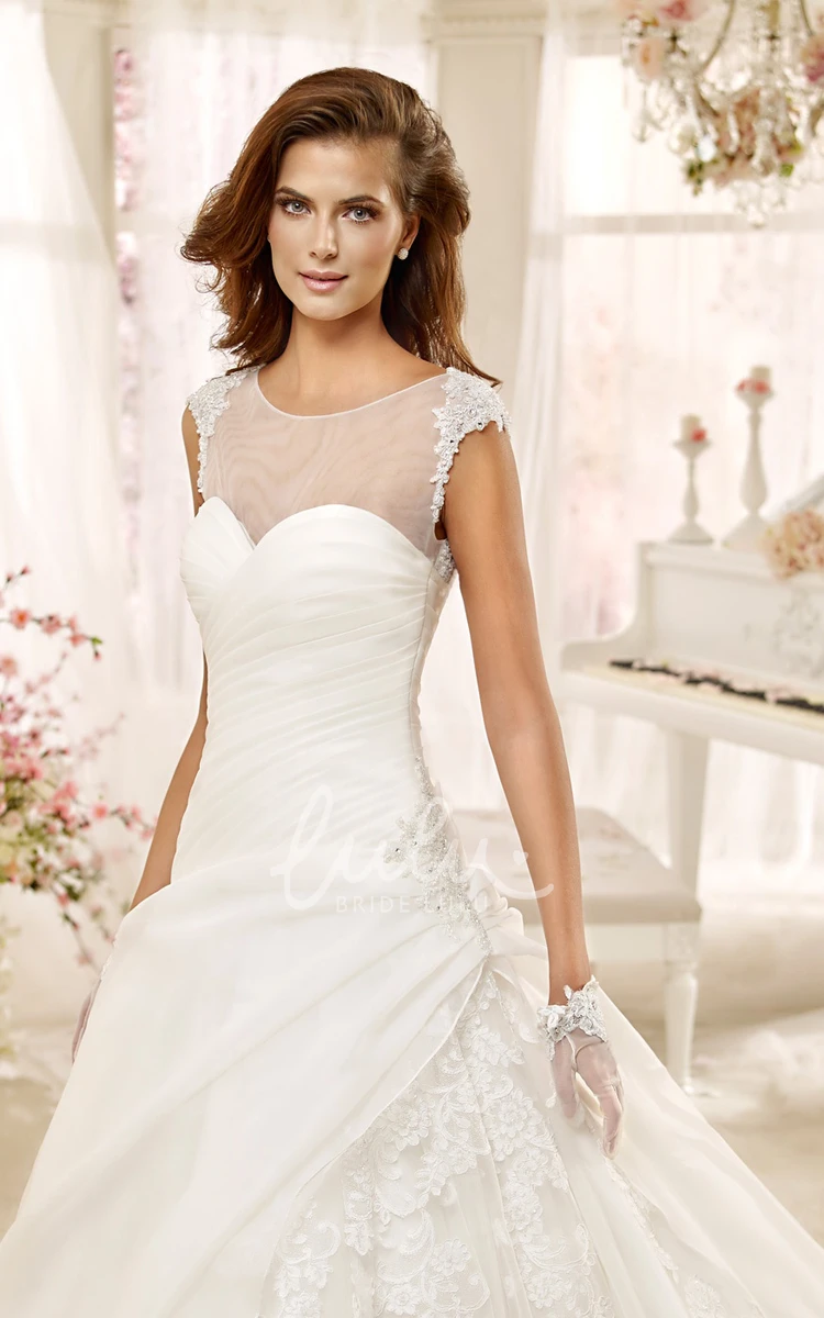 Cap-sleeve A-line Wedding Dress with Jewel-neck Asymmetrical Ruching and Illusive Design Simple and Elegant