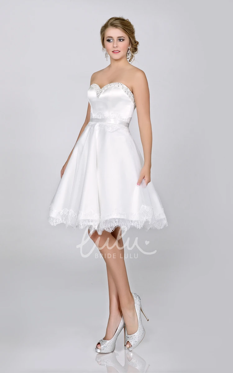 Short Satin Wedding Dress with Lace Hemline A-Line Sweetheart