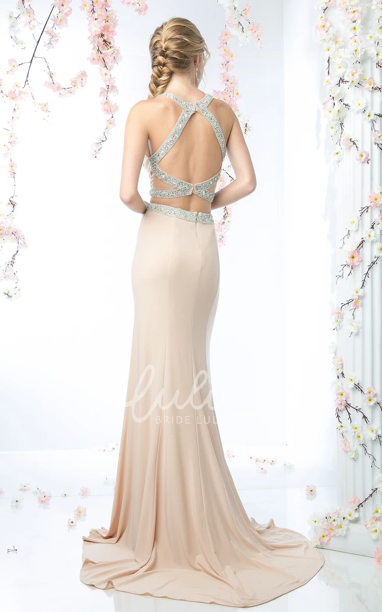 Two-Piece Jersey Sheath Bridesmaid Dress with Jewel-Neck and Beading