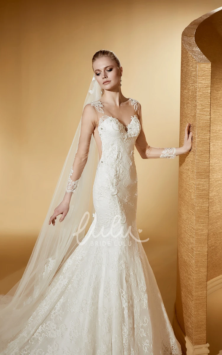 Long-Sleeve Mermaid Lace Wedding Dress with Court Train and Illusive Design