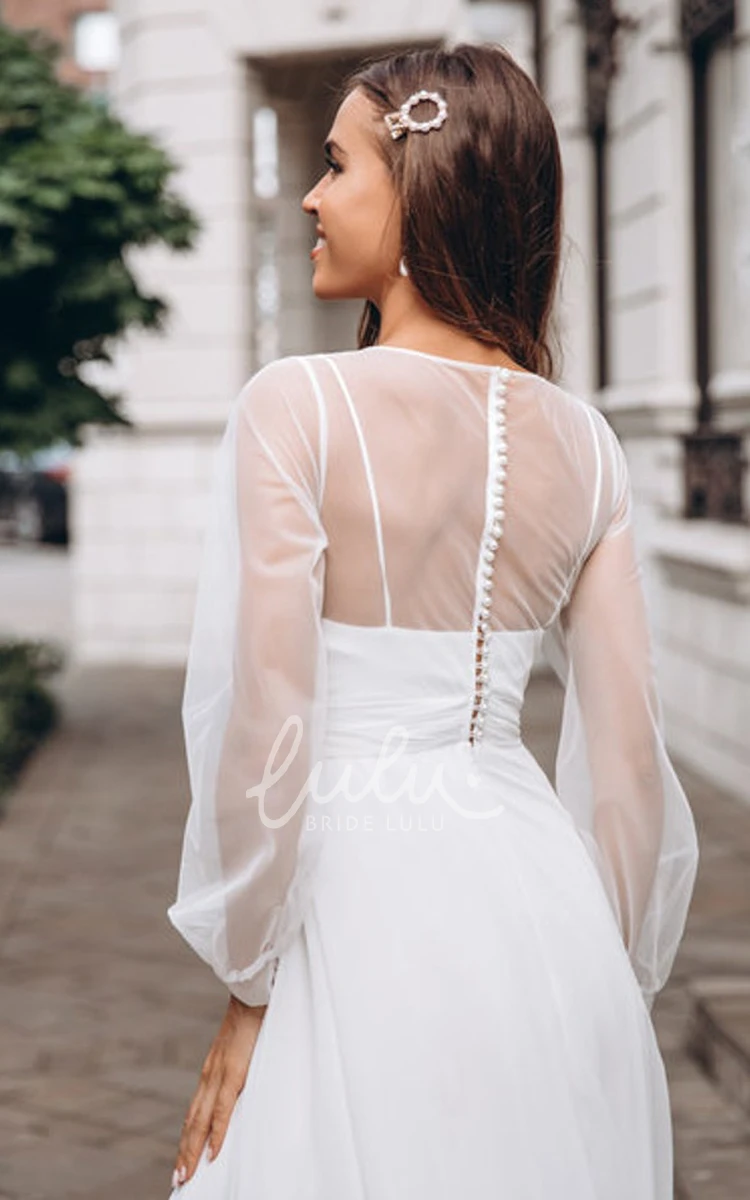 Chiffon Bateau A-line Long Sleeve Button Wedding Dress with Sweep Train