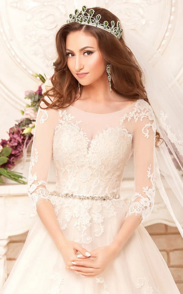 Lace Ball Gown Wedding Dress with Scoop Neckline and Waist Jewelry