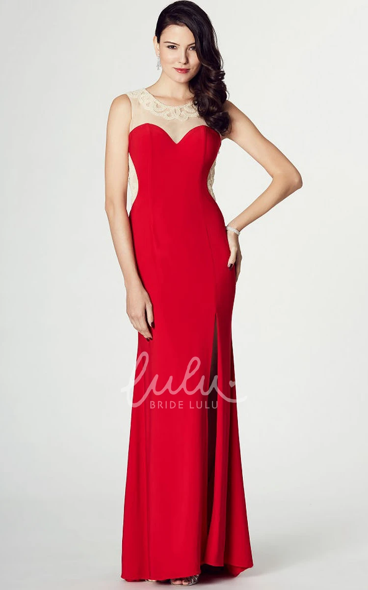 Jersey Sleeveless Prom Dress with Illusion Back and Beaded Scoop Neck Unique Evening Dress